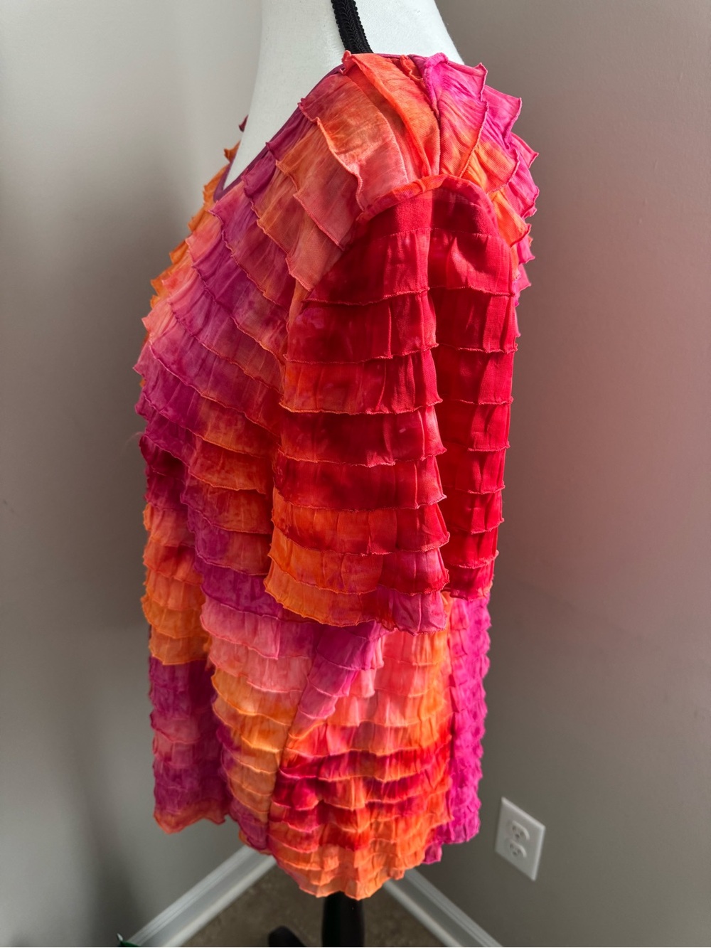 Ruffle Layered Blouse Pink Orange Ombre Boho Short Sleeve Top Womens Large - Picture 3 of 10